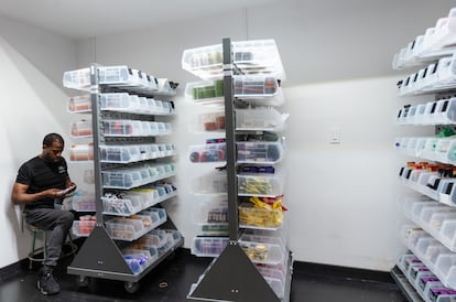 The back room of the ConBud cannabis dispensary, where employees package orders for customers.