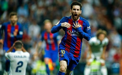 Messi celebra un gol al darrer clàssic contra el Reial Madrid.