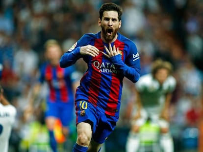 Messi celebra un gol al darrer clàssic contra el Reial Madrid.