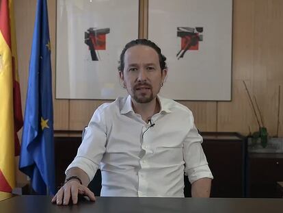 Captura de vídeo publicado hoy lunes en Twitter, del vicepresidente segundo del Gobierno español y líder del partido de izquierda Podemos, Pablo Iglesias, que anunció este lunes que deja el Gobierno para presentarse a las elecciones de la Comunidad de Madrid del próximo 4 de mayo.