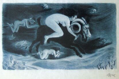 'Brujas volando' de Lorenzo Goñi (1950). Punta seca 21,5 x 35,4 cm.