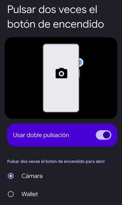 Opción abrir Google Wallet con doble toque en Android