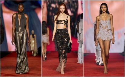 Tres de las propuestas para la próxima temporada de la colección de Diesel, durante su desfile el 20 de septiembre de 2023 en la semana de la moda de Milán.