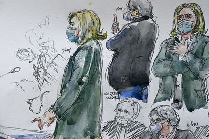 Dibujo de Marine Le Pen durante su comparecencia, este miércoles, ante el Tribunal de Nanterre.