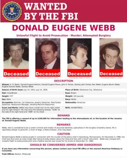 Un póster del FBI solicitando pistas para encontrar a Webb