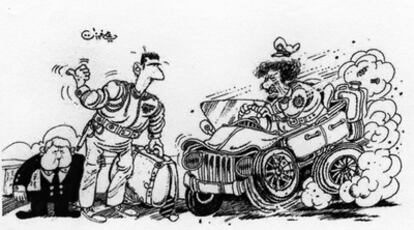 Viñeta de Ali Ferzat que muestra a Bachar el Asad haciendo autoestop ante el líder libio, Muamar el Gadafi.