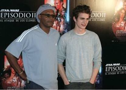 Hayden Christensen (a la derecha) y Samuel L. Jackson, durante la presentación de <b></b><i>El ataque de los clones</i> en Madrid.