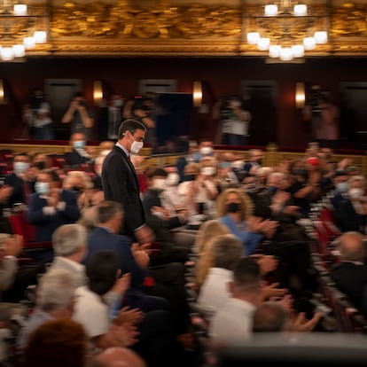 Spain's prime minister Pedro Sanchez arrives at the Gran Teatre del Liceu in Barcelona, Spain, Monday, June 21, 2021. Sanchez's speech on Monday is being regarded as laying the ground for the pardons that his left-wing ruling coalition plans to grant to imprisoned separatist politicians and activists who went against Spanish laws to hold an independence referendum more than three years ago. (AP Photo/Emilio Morenatti)