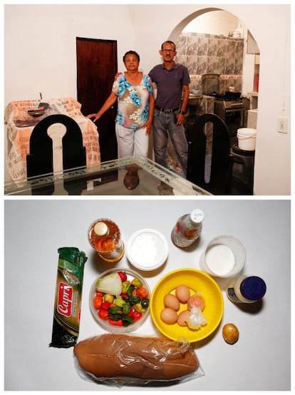 Mirella Rivero y su hijo José (arriba) y los alimentos de su hogar (abajo). "Desayuno o una arepa o un tamal para poder comer, al menos, dos veces al día", dice Rivero.