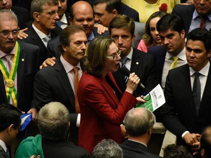 Algunos diputados del Congreso de Brasil, durante la votación para abrir el proceso de destitución de la presidenta Dilma Rousseff.