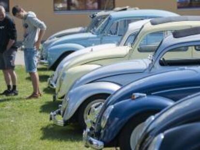 Visitantes observan varios modelos del mítico Beetle de Volkswagen en la sexta edición de la reunión Beetle en Cudrefin, suroeste de Suiza. EFE/Archivo