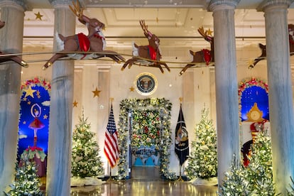 Holiday decorations adorn the Grand Foyer of the White House for the 2023 theme "Magic, Wonder, and Joy."