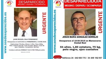 Carteles de búsqueda de los desaparecidos Juan Miguel Isla y Jesús María González.