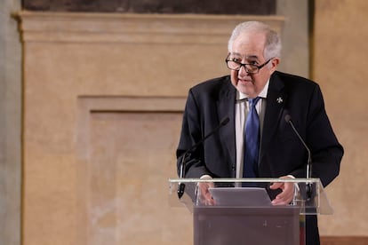 El presidente del Tribunal Constitucional, Cándido Conde Pumpido, durante un acto institucional este martes en Cádiz, cuna del constitucionalismo español, como parte de los actos de conmemoración, el próximo mes de julio, de los 45 años de la creación del Tribunal Constitucional.