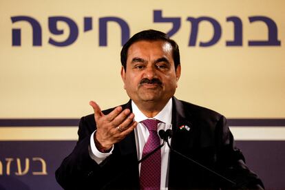 Indian billionaire Gautam Adani speaks during an inauguration ceremony after the Adani Group completed the purchase of Haifa Port earlier in January 2023, in Haifa port, Israel January 31, 2023.