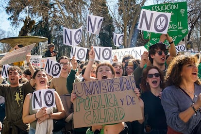 Decenas de personas, durante la manifestacin por la educacin pblica celebrada en Madrid este domingo.