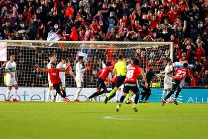 Los jugadores del Real Mallorca celebran el empate a dos en el minuto 95 de Maffeo contra el Elche.