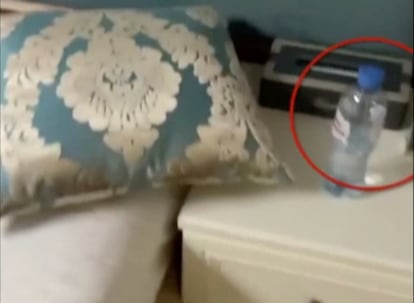 A water bottle is seen in a hotel room where Russian opposition politician Alexei Navalny stayed during his visit to the Siberian city of Tomsk.