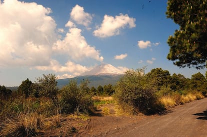 Vista del Popocatépetl desde la carretera que va de Santiago de Xalitzintla a Paso de Cortés.