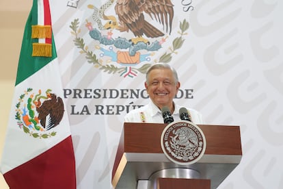 Andrés Manuel López Obrador durante su quinto informe de Gobierno, en Campeche, este viernes.