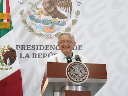 Andrés Manuel López Obrador durante su quinto informe de Gobierno, en Campeche, este viernes.