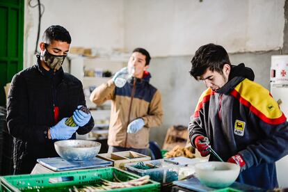 Youssef Ourouss (24) con sus compañeros de trabajo Eloy Sánchez (20) y Fidel Gayoso (22), en Armuña de Tajuña (Guadalajara).