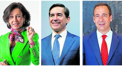 La presidenta de Santander, Ana Botín; el presidente de BBVA, Carlos Torres; y el consejero delegado de CaixaBank,Gonzalo Gortazar.