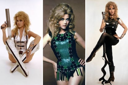 Jane Fonda, vestida por Paco Rabanne (en el centro, con body de escamas verdes) en 'Barbarella'.