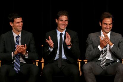 Djokovic, Nadal y  Federer en la ceremonia del ATP Heritage, en agosto de 2013.