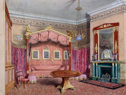 Dibujo del boudoir de Thomas Hope en Deepdene House, otra de sus casas en Reino Unido. Al igual que en la de Londres el diseñador la decoró con una mezcla de los referentes visuales que había ido encontrando en sus viajes por Grecia, Turquía o Egipto.