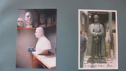 Fotografías de un busto y la estatua de Augusto Pinochet diseñadas por el escultor Galvarino Ponce.