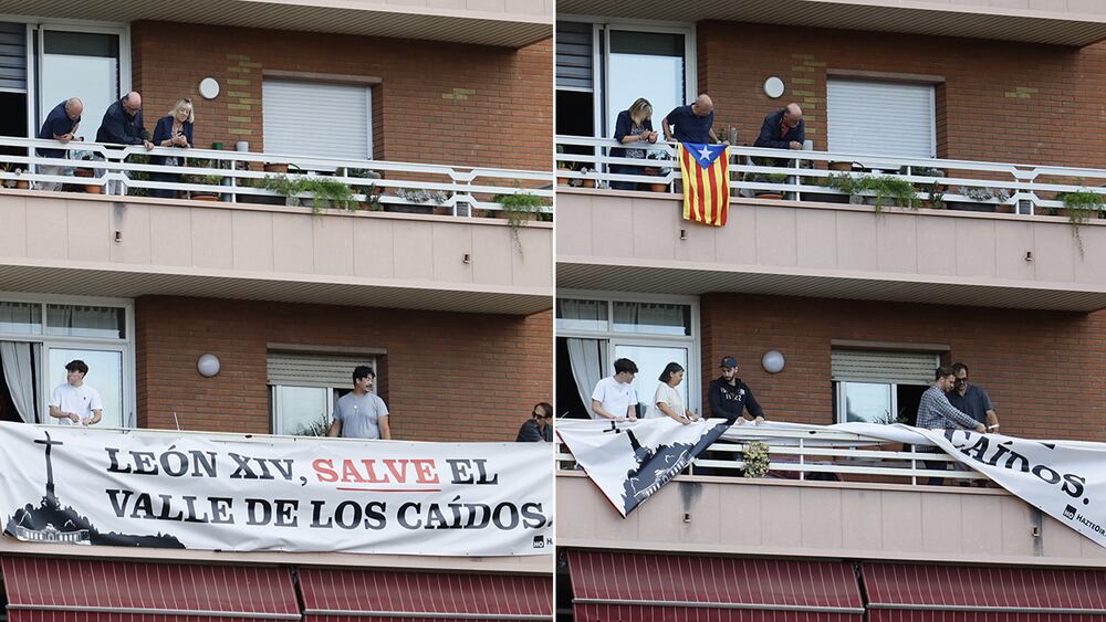 DVd 1322 (10/06/2026). Barcelona. El papa León XIV encabeza la santa misa en la basílica de la Sagrada Família y bendecirá la Torre de Jesucristo. retiran una pancarta de Hazteoir sobre el Valle de los Caídos que habían colocado en una casa cercana a la Sagrada Familia. Foto de Albert Garcia