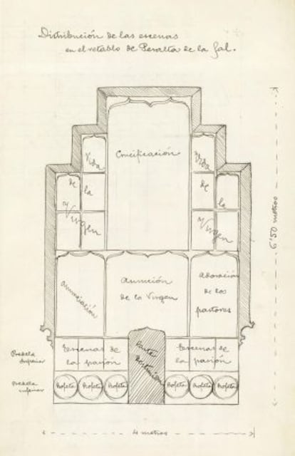 Croquis elaborado por Josep Pijoan en 1908 para presentarlo a la Junta de Museos interesada en comprar el retablo de Peralta de la Sal. hasta ahora era inédito.