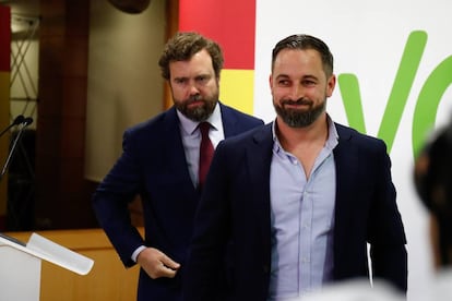Santiago Abascal, presidente de Vox, e Iván Espinosa de los Monteros, portavoz de Voz en el Congreso, el pasado 29 de mayo tras las elecciones municipales.