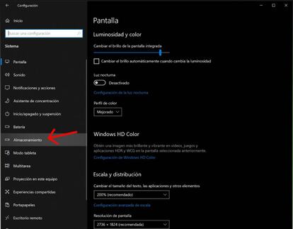 Almacenamiento en Windows 10.