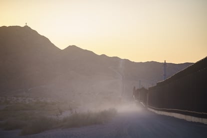 Dust hangs over a dirt road on the border near Mount Cristo Rey in Sunland Park, New Mexico, Tuesday, April 22, 2025.