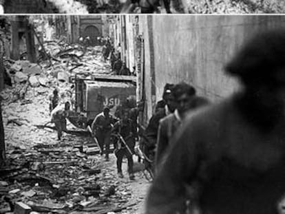 Arriba: 15 de abril de 1938, los nacionales, en la playa de Vinaròs, tras haber cortado la zona republicana en dos. Abajo: asedio de las tropas republicanas al Alcázar de Toledo.