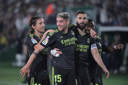 Fede Valverde celebra su gol en el partido Elche-Real Madrid, en el Martínez Valero de Elche este miércoles.