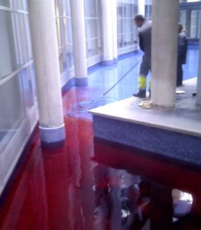 El agua de un estanque interior de Canal 9, teñida de rojo.