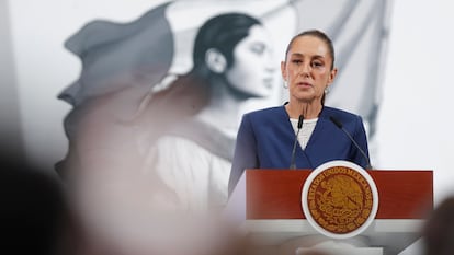 Claudia Sheinbaum, durante la conferencia matutina en el Palacio Nacional, en mayo de 2025.