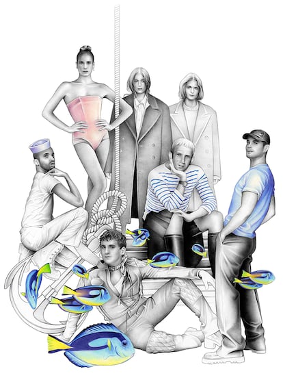 Jean Paul Gaultier junto a los creativos que diseñan, junto al equipo de la maison, la colección cápsula: Palomo Spain, Ottolinger, Alan Crocetti, Nix Lecourt Mansion y Marvin M’Toumo.