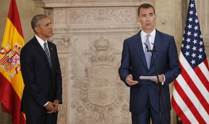 El rey Felipe VI, pronuncia unas palabras de bienvenida al presidente de los EEUU, Barack Obama.