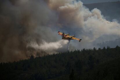 Un avión vierte agua sobre un incendio en un bosque de Cadafaz (Portugal).