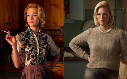 En la quinta temporada de ‘Mad Men’, January Jones (Betty Draper) aparece más oronda que antes, por una depresión del personaje. Se teorizó con que estaban adaptando a la ficción el embarazo de Jones en la vida real.