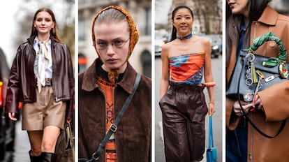 Modelos luciendo distintas formas de combinar el pañuelo Twilly de Hermes para un steet style chic. Imágenes: GETTY IMAGES.