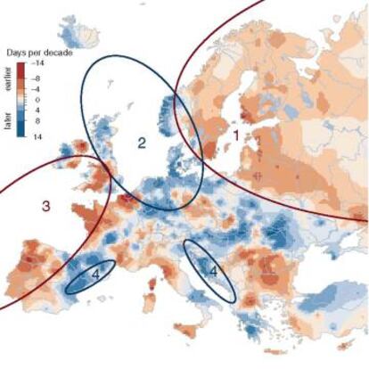 El mapa muestra cuánto se han adelantado (marrón) o retrasado (azul) las crecidas fluviales.