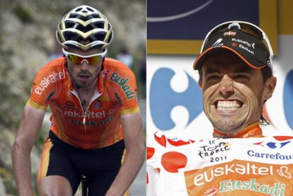 Samuel Sánchez during one of the stages (left) and with the polka dot jersey of best climber (right).