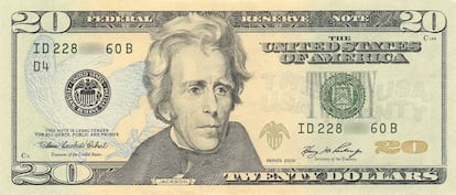 Nota de 20 dólares com a efígie de Andrew Jackson.