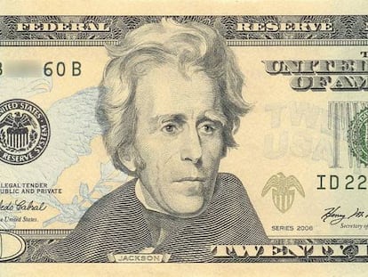 Billete con la efigie de Andrew Jackson e imagen de Donald Trump con el retrato del séptimo presidente de EE.UU que instaló en el despacho oval.