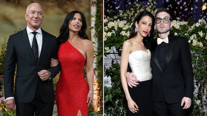 Laura Sánchez y Jeff Bezos (izquierda) y Alex Soros y Huma Abedin (derecha).